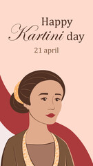 Selamat hari Kartini. Translation Happy Kartini day. Habis gelap terbitlah terang means After Darkness comes Light. Indonesian Hero Kartini with Indonesian flag vector illustration