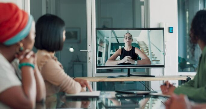 Video call, screen and business people in global meeting, office planning and conference. Woman leadership for virtual communication, presentation and management webinar for strategy, seminar or chat