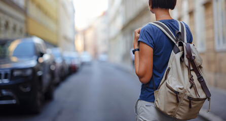 summer female solo trip to Europe, happy young woman walking on european street of Vienna, Austria