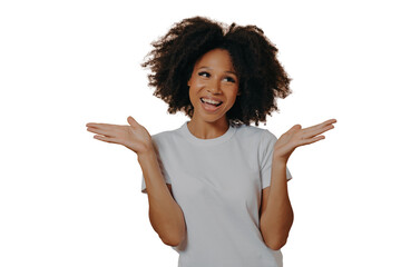 Young smiling mixed race woman raising hands with hesitation, isolated on beige background