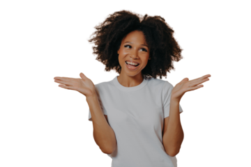 Young smiling mixed race woman raising hands with hesitation, isolated on beige background