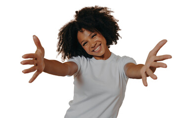 Happy friendly African American woman dressed in white shirt offering hugs, welcoming client