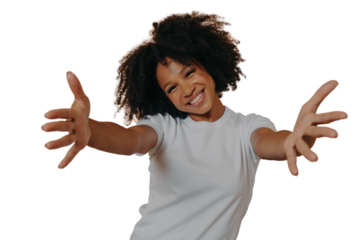 Happy friendly African American woman dressed in white shirt offering hugs, welcoming client