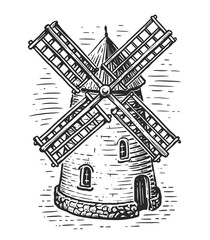 Hand drawn illustration of an old windmill. Agriculture, farm mill sketch