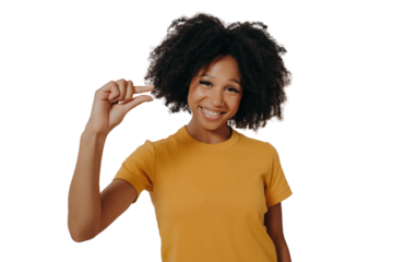 Cheerful smiling African American woman gestures small size with fingers