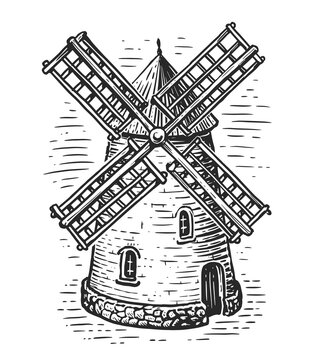 Hand drawn illustration of an old windmill. Agriculture, farm mill sketch