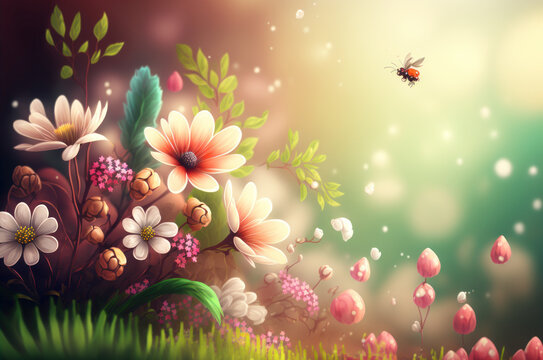 Cute imagination animal plant and flower with colorful color in spring season background. Use for Kid or baby book ,etc . Generative ai.