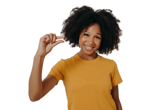 Cheerful smiling African American woman gestures small size with fingers