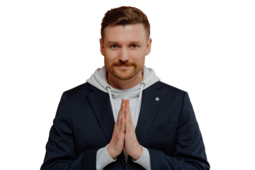 Serious bearded adult man keeps palms pressed together prays for something looks directly at camera believes in something good happen poses against white background. Handsome guy makes request