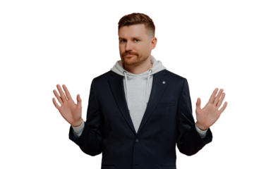 Strict red haired man in casual clothes spreading palms sideways and saying no