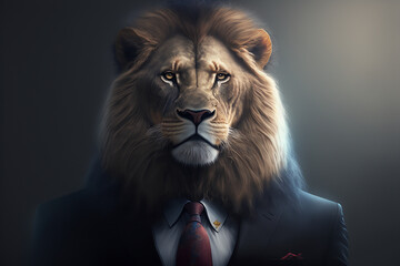 Fototapeta na wymiar Portrait of a lion in a stylish business suit. Generative AI. Businessman lion illustration. 