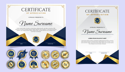 Certificate of appreciation template, gold and blue color. Clean modern certificate with gold badge. Certificate border template with luxury and modern line pattern. Diploma vector template
