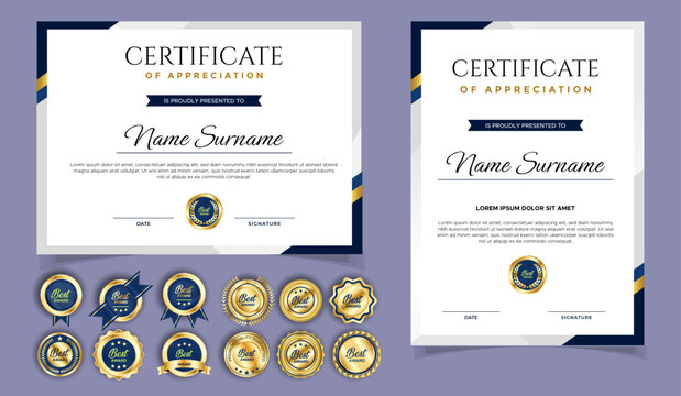 Certificate of appreciation template, gold and blue color. Clean modern certificate with gold badge. Certificate border template with luxury and modern line pattern. Diploma vector template
