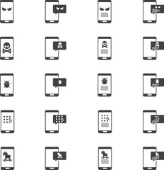 Malware notification on mobile phone. Virus, malware, email fraud, e-mail spam, phishing scam, hacker attack concept. Vector illustration. Icons set.