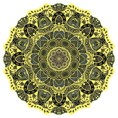 Mandala. Tracery wheel image. Mehndi design. Dark toxic colors. Ethnic doodle art. Curved doodling picture. Vector