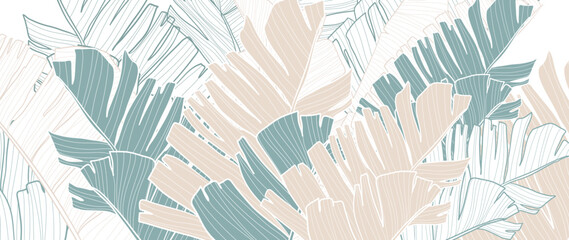 Botanical foliage line art background vector illustration. Tropical banana palm leaves drawing contour pattern background. Design for wallpaper, home decor, packaging, print, poster, cover, banner.