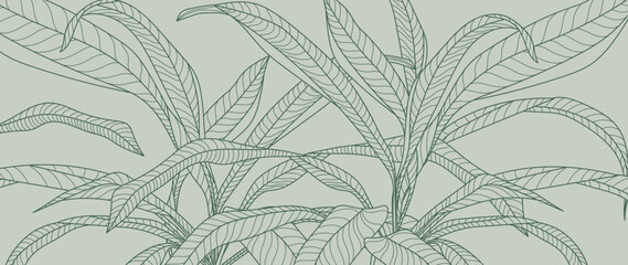 Botanical foliage line art background vector illustration. Tropical palm leaves drawing contour style pattern background. Design for wallpaper, home decor, packaging, print, poster, cover, banner. - obrazy, fototapety, plakaty