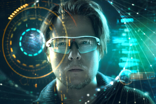 Man behind holographic HUD-Interface