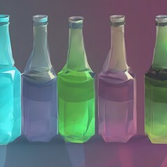 Glass bottles, low poly, collection of transparent bottles. Generative AI.