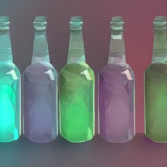 Glass bottles, low poly, collection of transparent bottles. Generative AI.