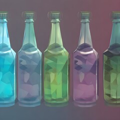 Glass bottles, low poly, collection of transparent bottles. Generative AI.
