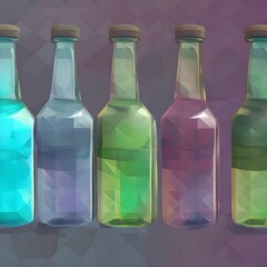 Glass bottles, low poly, collection of transparent bottles. Generative AI.