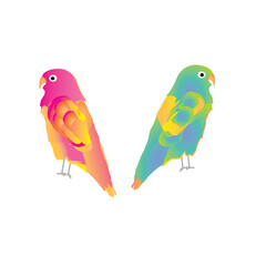 Two Lovebird Parrots - Bright Colors - pink, orange and yellow, other bird is blue, green and yellow; facing back to back but can change the direction they are facing