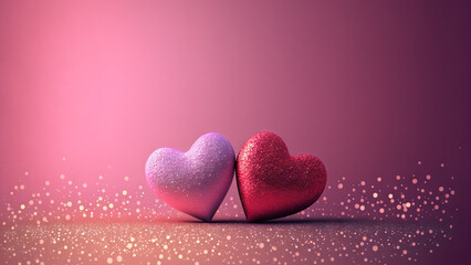 Fototapeta premium Two pink hearts with nice glittery texture details on empty background. Valentine’s day generative Ai imagery with shiny glitter bokeh effect