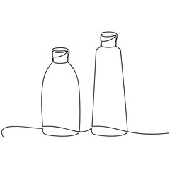 One line continuous drawing vector. Set of bottles. Outline illustration. Hand drawn linear silhouette icon. Medical, cosmetic, skin care product, balm, body lotion, liquid soap, shampoo, shower gel