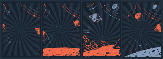 Vintage space backgrounds set with planet and grunge effects.