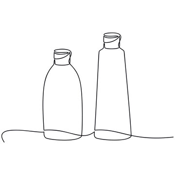 recommend clip art: One line continuous drawing vector. Set of bottles. Outline illustration. Hand drawn linear silhouette icon. Medical, cosmetic, skin care product, balm, body lotion, liquid soap, shampoo, shower gel