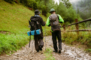 Young white people wearing trekking equipment hiking in mountain forest
