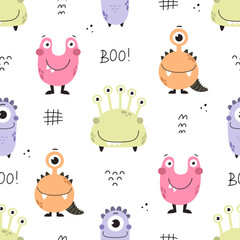 seamless pattern with cartoon monsters, decor elements. Colorful vector flat style for kids. hand drawing. baby design for fabric, print, wrapper, textile