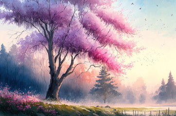 Fototapeta na wymiar Watercolor abstract art of spring season of cherry blossom with beautiful nature drawing. Illustration graphic design Generative ai.