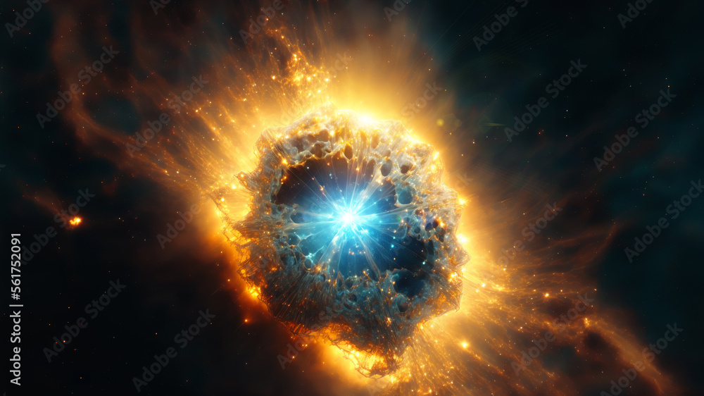 Poster View of the birth of a star in space during a nebula explosion. Nuclear fusion of cosmic clouds of gas and dusts. Universe background. Generative ai