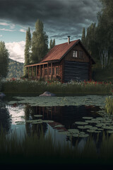 Made by AI, Artificial Intelligence Image, Generative AI, cabin in woods by lake