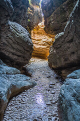 Canyon in the mountain gorge and mountain river. Saltinsky waterfall. Natural landmark in Dagestan.