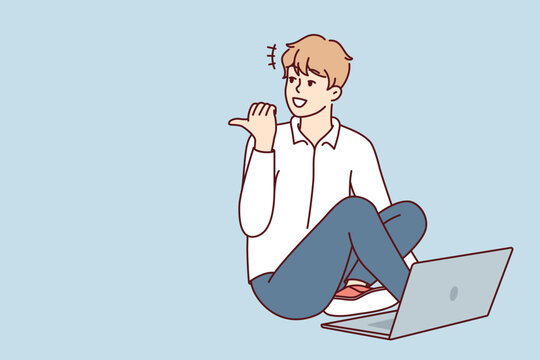 Man sitting on floor with laptop and looking back pointing finger doing college assignment. Casual guy freelancer enjoys remote work for internet companies or start-ups. Flat vector design 