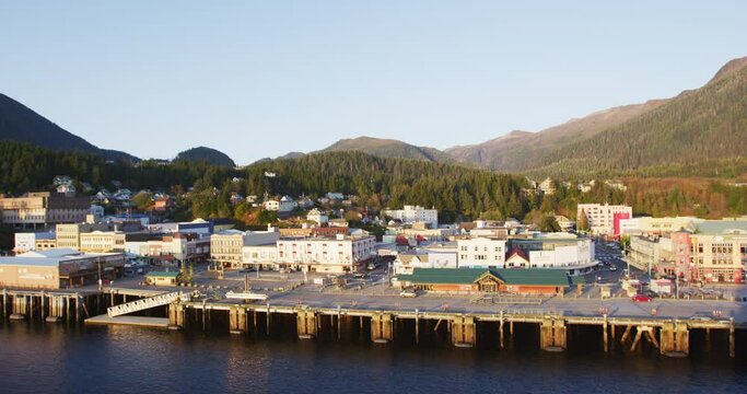 Alaska City Ketchikan, a famous cruise ship destination in Alaska Inside Passage. Beautiful Alaskan sunset in Ketchikan harbor as seen from cruse ship. SLOW MOTION VIDEO