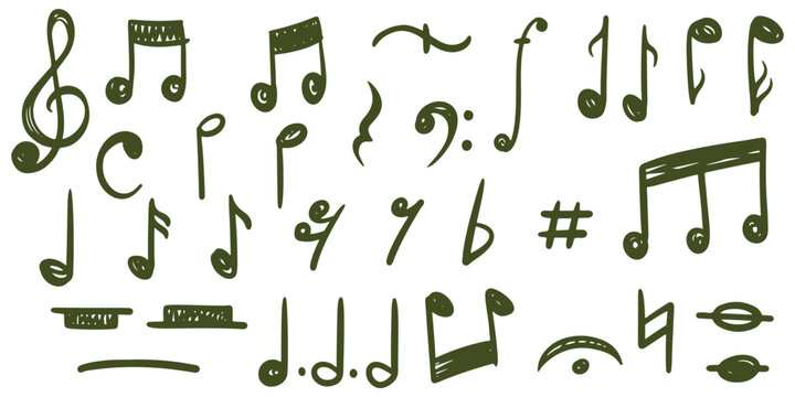 Hand drawn music notes doodle icon set isolated on white background.