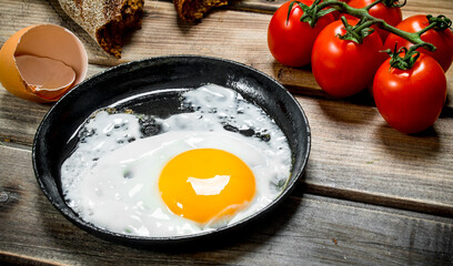 Fried egg in a pan with bread, tomatoes and green onions.