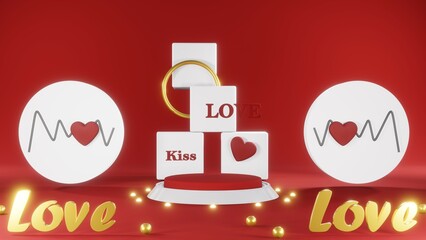 3D rendering of red podium for Valentine products on Valentine's Day.