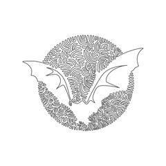 Continuous curve one line drawing. Bats are agile in flight. Abstract art in circle. Single line editable stroke vector illustration of wide bat wings for logo, wall decor, syimbol, boho poster
