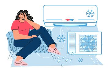 Woman sitting under air conditioner at home, flat cartoon vector illustration isolated on white background. Installation and maintenance of air conditioners service, banner or poster layout.