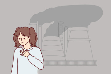 Teenage girl is sad standing near industrial pipes emitting smoke that damage nature. Child living near manufacturing factory with health problems due to harmful emissions. Flat vector image