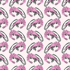 Seamless pattern, background, wrapping paper, illustration, postcard, print with colorful cute shrimps in vector