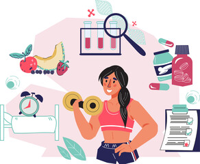 Healthy day schedule and Biohacking healthcare concept of banner. Health surveillance program and biohacking life extension technology.