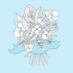 Hand drawn illustration of cotton flowers bouquet composition
