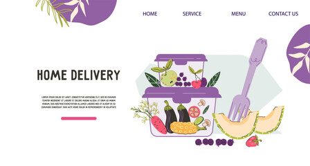 Ready food order and delivery oncept for web banner, hand drawn vector illustration for website or mobile app. Food delivery, takeaway and takeout, ready meal for week service website or landing page.