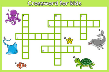 Crossword puzzle in English about sea animals . Educational game for children of preschool and school age. Printable worksheet for kids education. Vector illustration of cartoon ocean creatures.